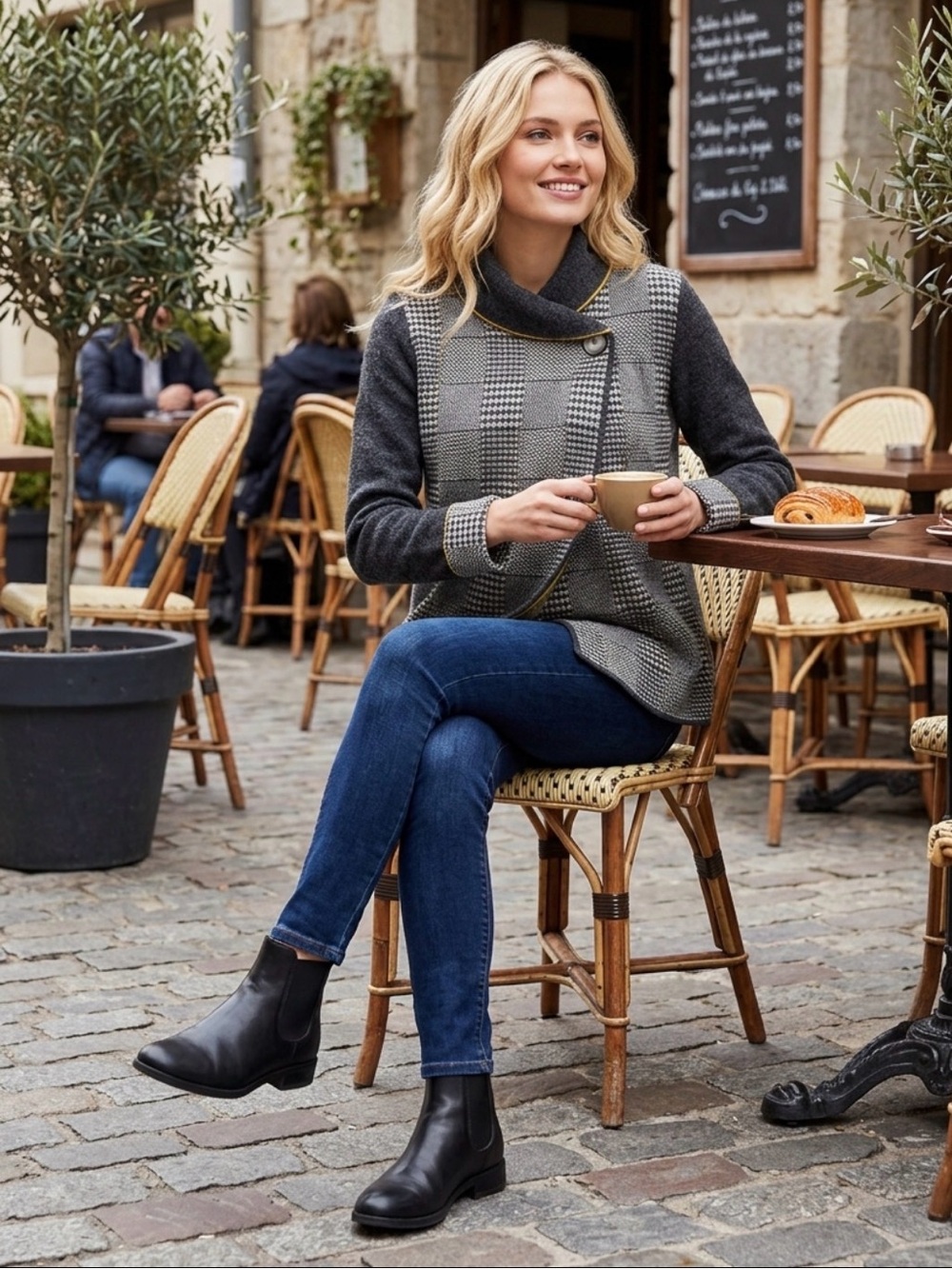 Betty Betty Firenze Charcoal Gray Plaid Academia Sweater Shawl Cardigan
